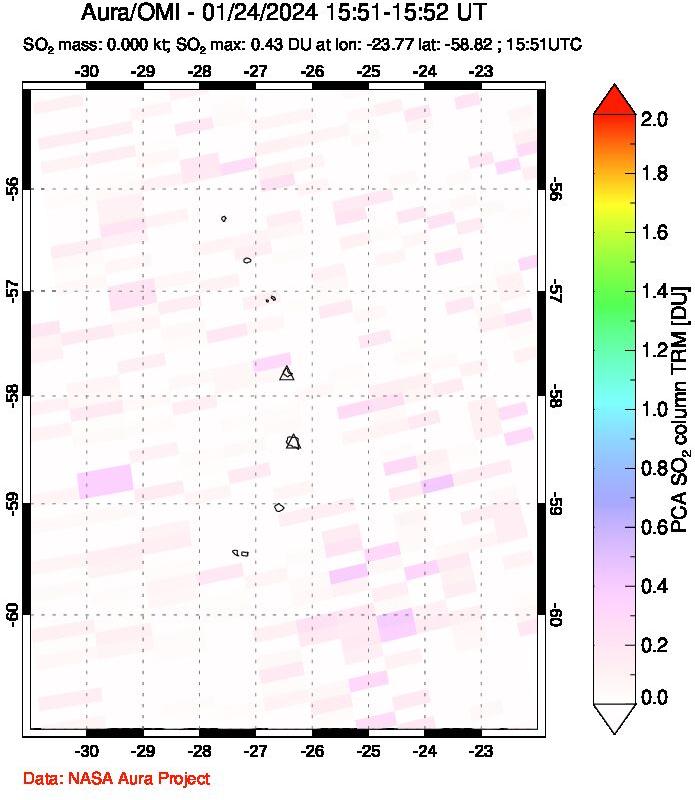 A sulfur dioxide image over South Sandwich Islands, South Atlantic on Jan 24, 2024.