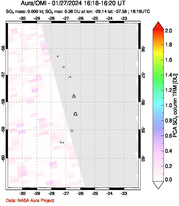 A sulfur dioxide image over South Sandwich Islands, South Atlantic on Jan 27, 2024.