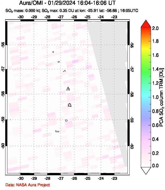 A sulfur dioxide image over South Sandwich Islands, South Atlantic on Jan 29, 2024.