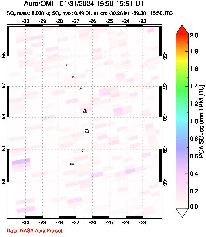 A sulfur dioxide image over South Sandwich Islands, South Atlantic on Jan 31, 2024.