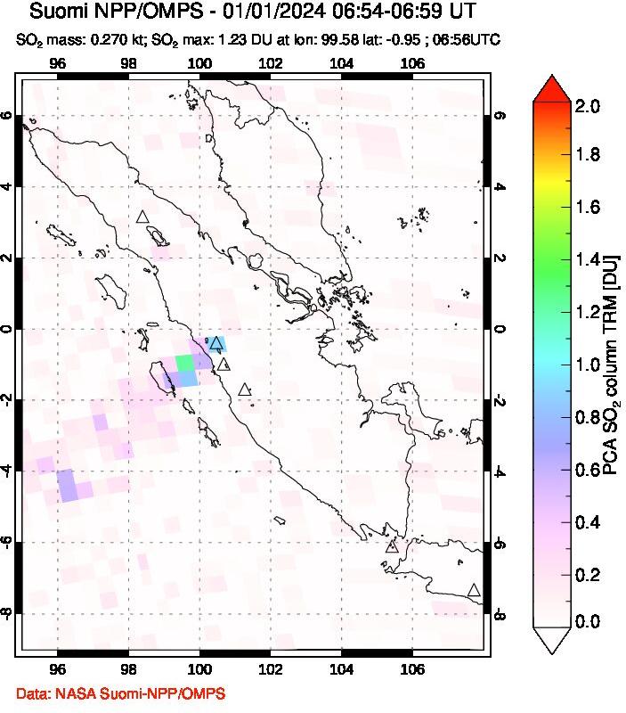 A sulfur dioxide image over Sumatra, Indonesia on Jan 01, 2024.