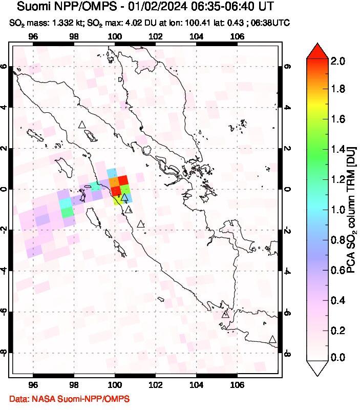 A sulfur dioxide image over Sumatra, Indonesia on Jan 02, 2024.