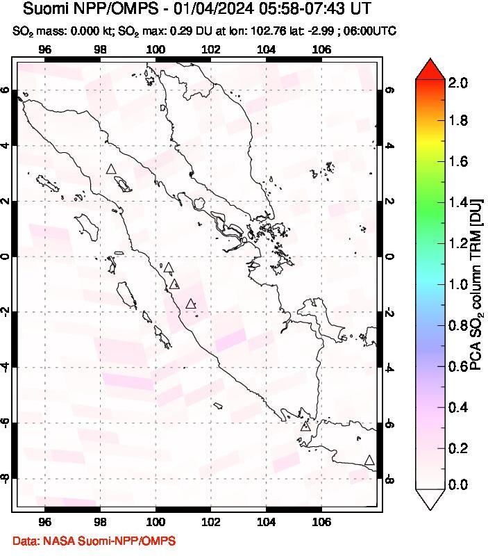 A sulfur dioxide image over Sumatra, Indonesia on Jan 04, 2024.