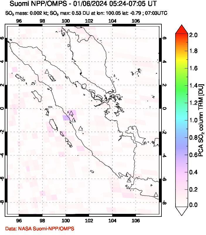 A sulfur dioxide image over Sumatra, Indonesia on Jan 06, 2024.