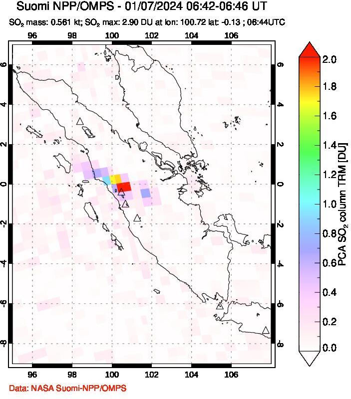 A sulfur dioxide image over Sumatra, Indonesia on Jan 07, 2024.