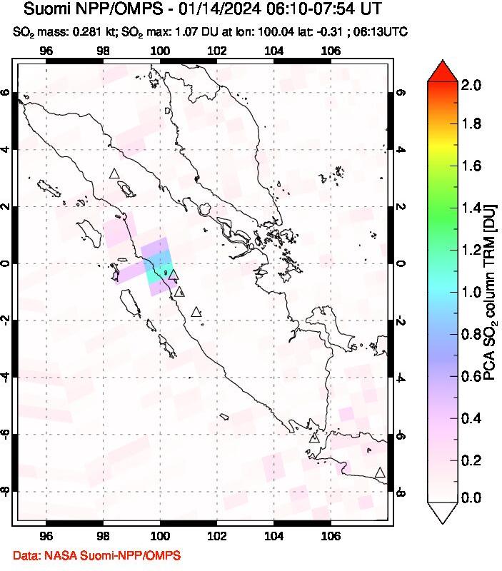 A sulfur dioxide image over Sumatra, Indonesia on Jan 14, 2024.