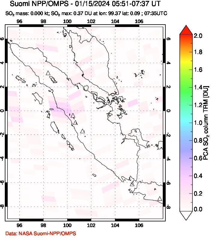 A sulfur dioxide image over Sumatra, Indonesia on Jan 15, 2024.