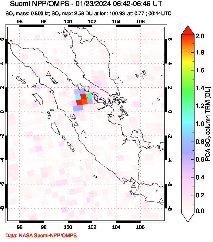 A sulfur dioxide image over Sumatra, Indonesia on Jan 23, 2024.