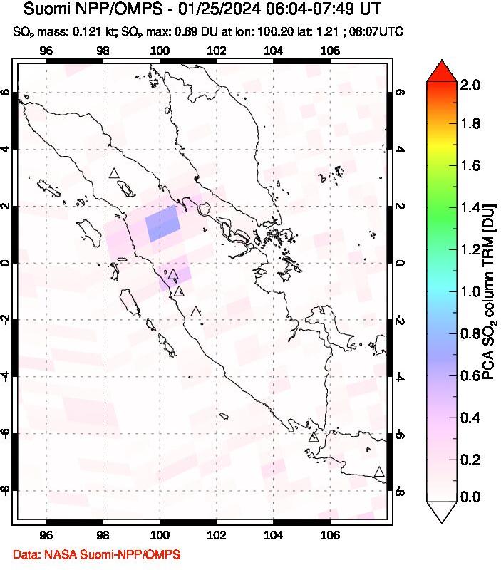 A sulfur dioxide image over Sumatra, Indonesia on Jan 25, 2024.