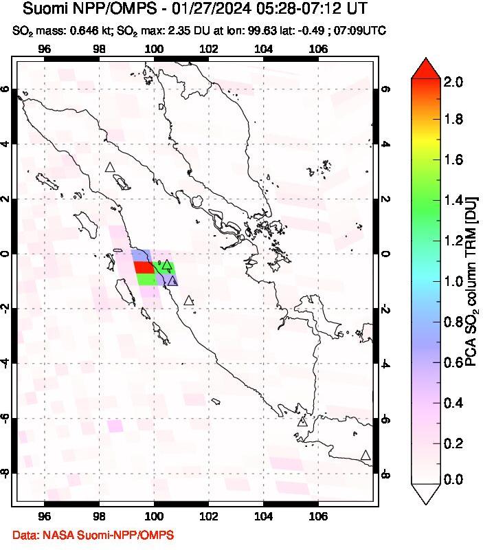 A sulfur dioxide image over Sumatra, Indonesia on Jan 27, 2024.