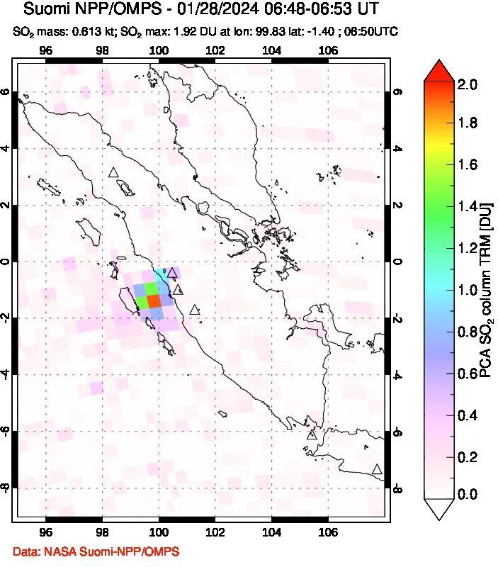 A sulfur dioxide image over Sumatra, Indonesia on Jan 28, 2024.