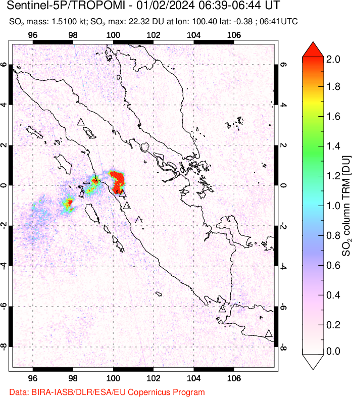 A sulfur dioxide image over Sumatra, Indonesia on Jan 02, 2024.