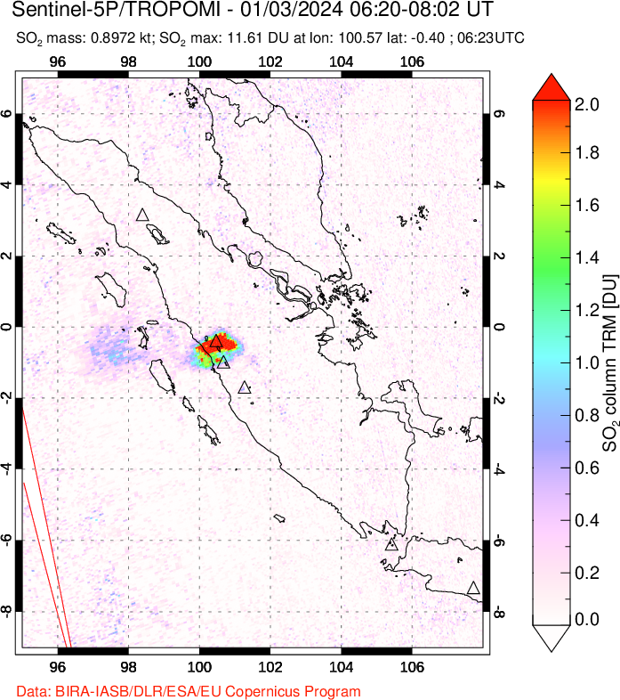 A sulfur dioxide image over Sumatra, Indonesia on Jan 03, 2024.