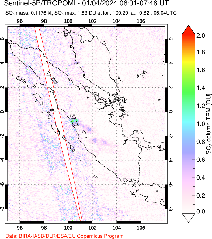 A sulfur dioxide image over Sumatra, Indonesia on Jan 04, 2024.