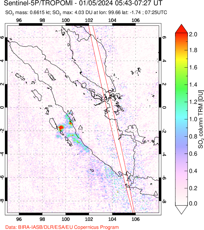 A sulfur dioxide image over Sumatra, Indonesia on Jan 05, 2024.