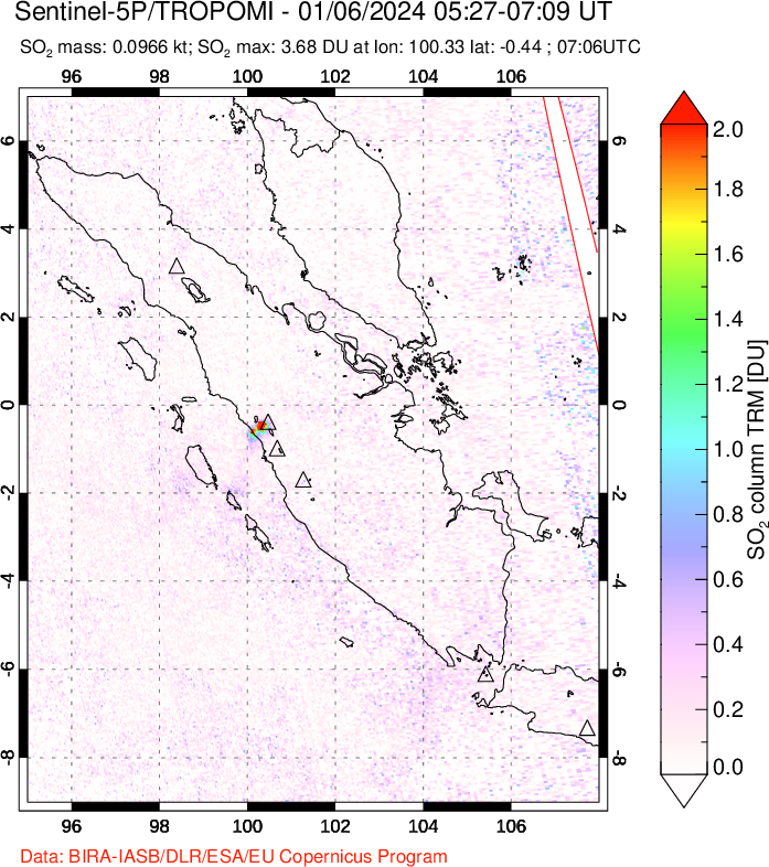 A sulfur dioxide image over Sumatra, Indonesia on Jan 06, 2024.