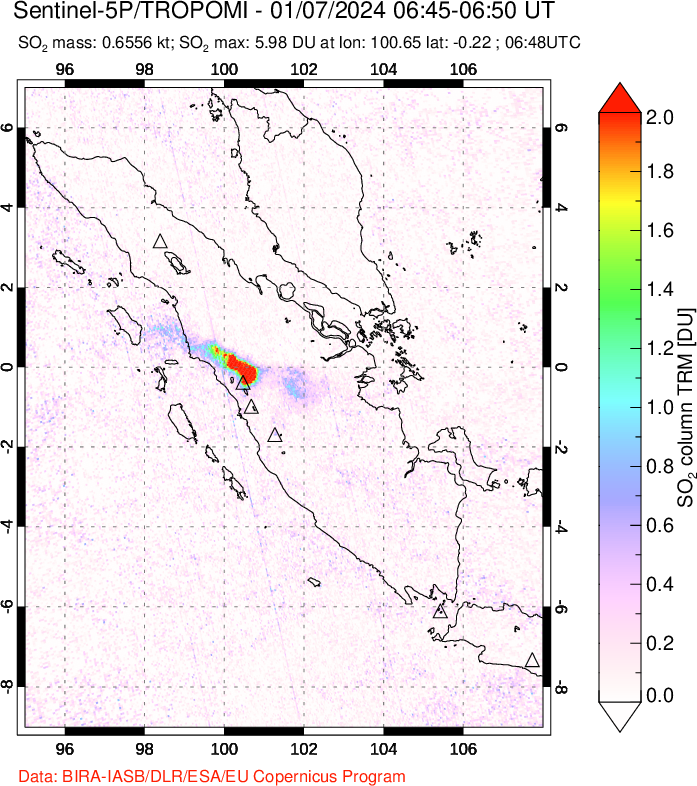 A sulfur dioxide image over Sumatra, Indonesia on Jan 07, 2024.