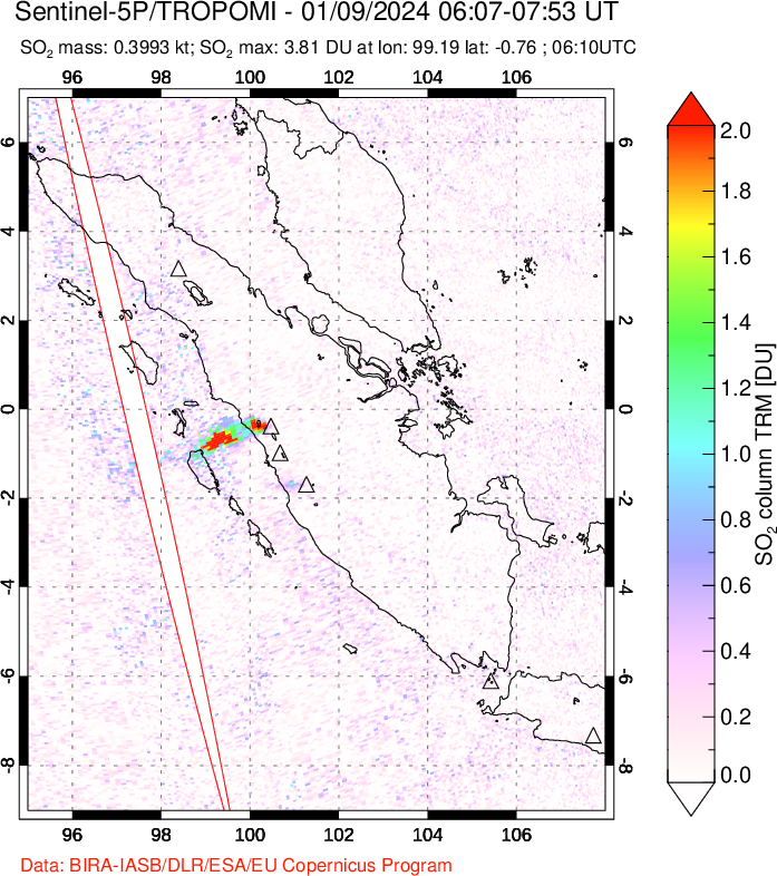 A sulfur dioxide image over Sumatra, Indonesia on Jan 09, 2024.