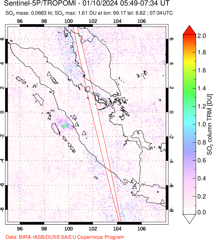 A sulfur dioxide image over Sumatra, Indonesia on Jan 10, 2024.