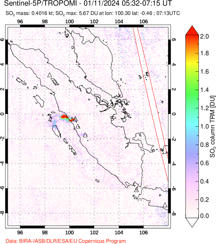 A sulfur dioxide image over Sumatra, Indonesia on Jan 11, 2024.