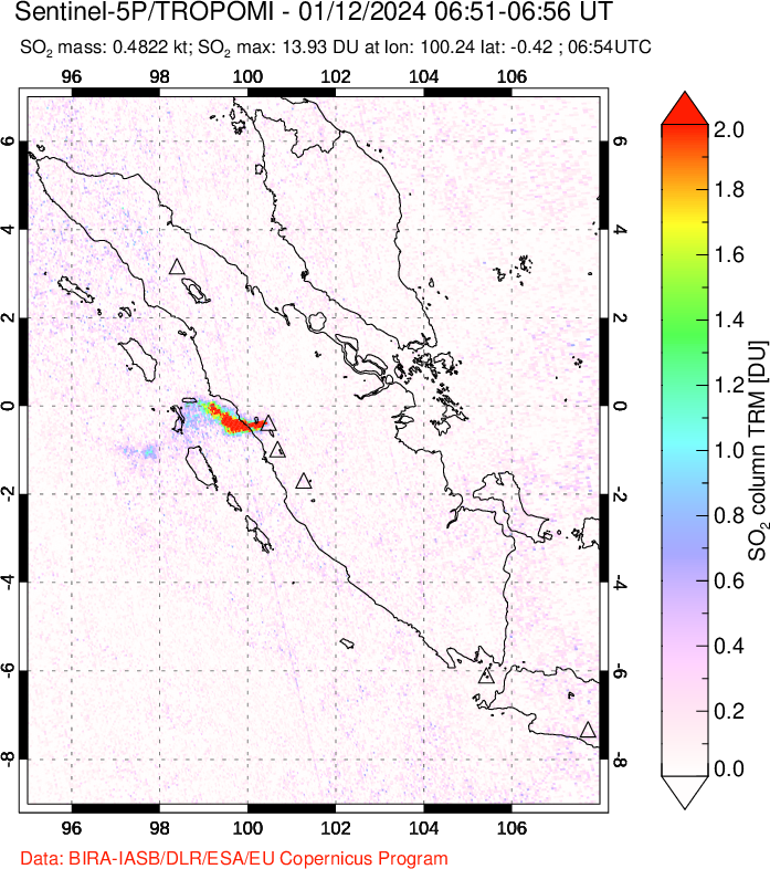 A sulfur dioxide image over Sumatra, Indonesia on Jan 12, 2024.