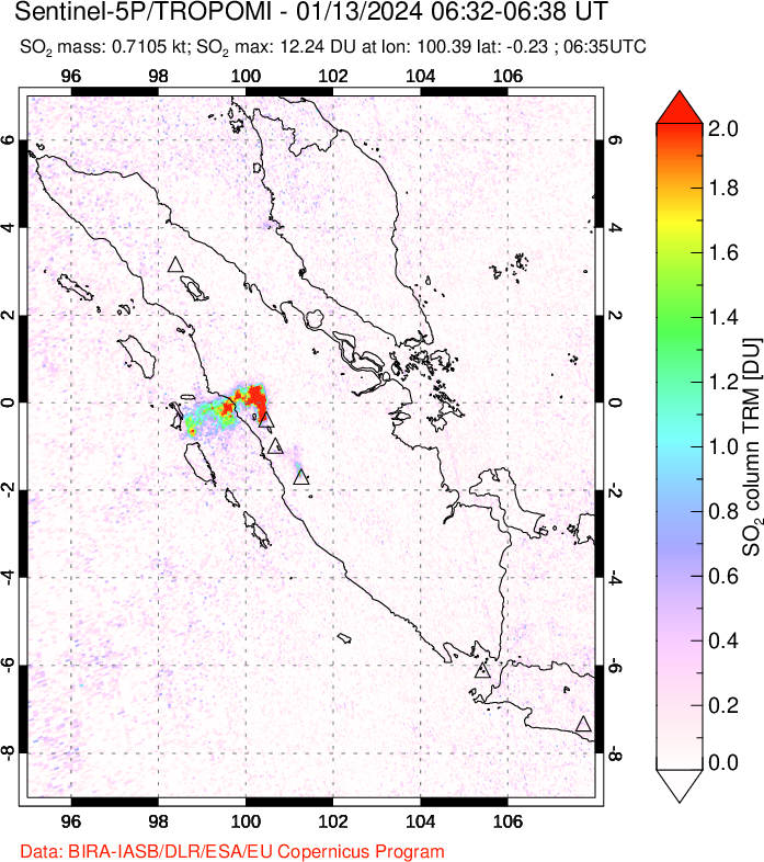 A sulfur dioxide image over Sumatra, Indonesia on Jan 13, 2024.