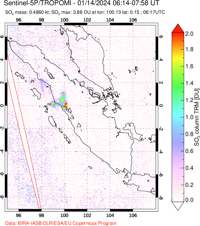 A sulfur dioxide image over Sumatra, Indonesia on Jan 14, 2024.