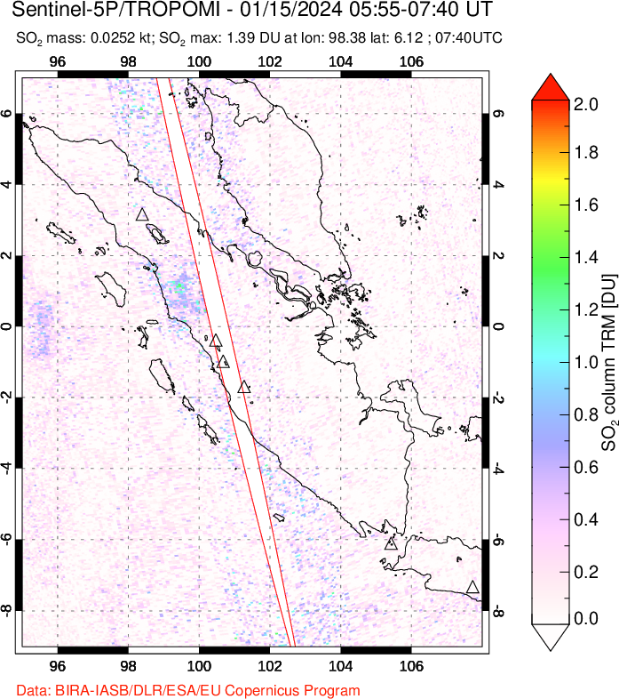 A sulfur dioxide image over Sumatra, Indonesia on Jan 15, 2024.