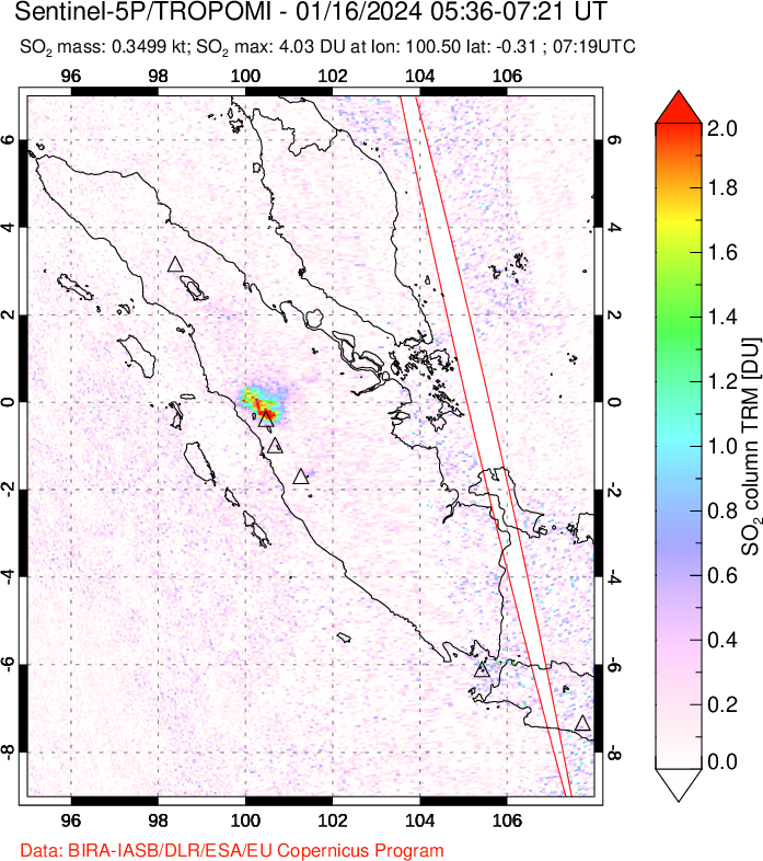 A sulfur dioxide image over Sumatra, Indonesia on Jan 16, 2024.