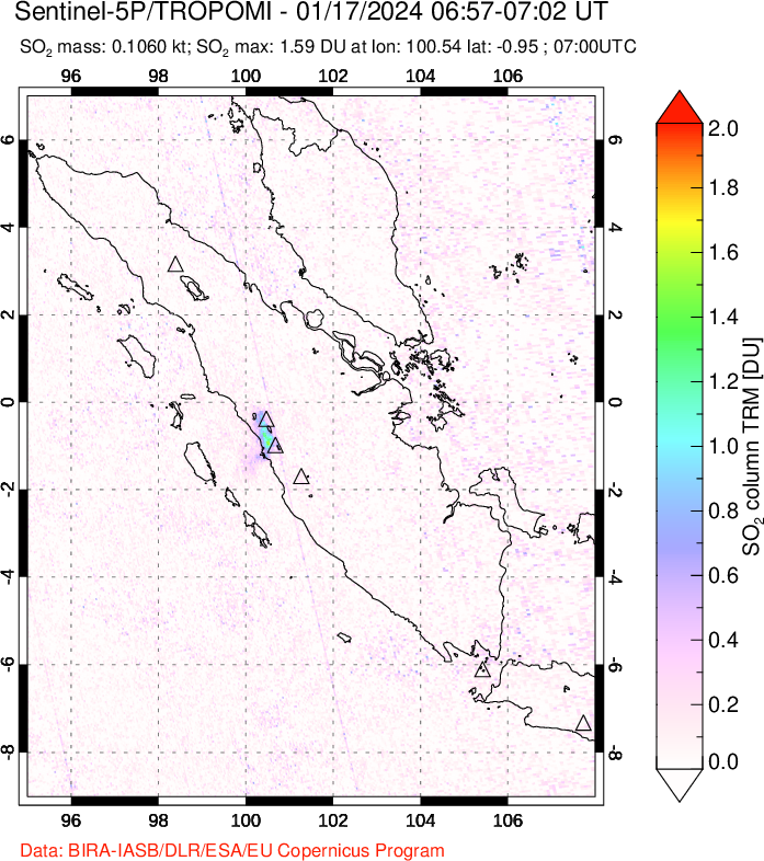 A sulfur dioxide image over Sumatra, Indonesia on Jan 17, 2024.