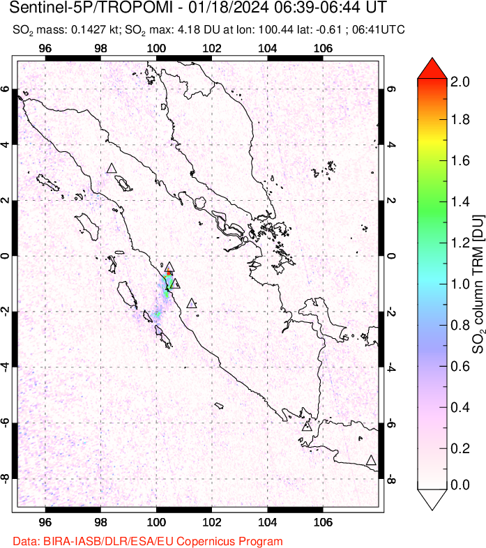 A sulfur dioxide image over Sumatra, Indonesia on Jan 18, 2024.