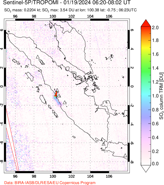 A sulfur dioxide image over Sumatra, Indonesia on Jan 19, 2024.