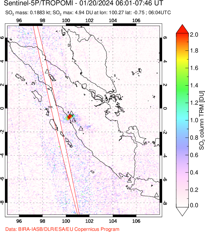 A sulfur dioxide image over Sumatra, Indonesia on Jan 20, 2024.