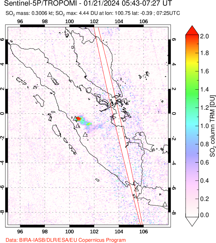 A sulfur dioxide image over Sumatra, Indonesia on Jan 21, 2024.