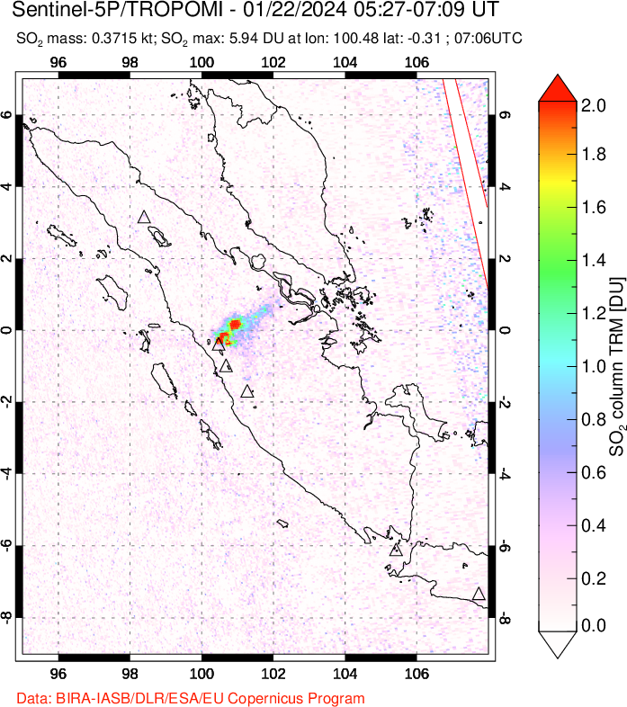 A sulfur dioxide image over Sumatra, Indonesia on Jan 22, 2024.