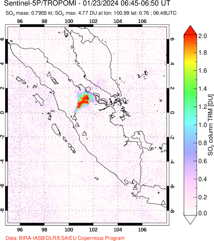 A sulfur dioxide image over Sumatra, Indonesia on Jan 23, 2024.