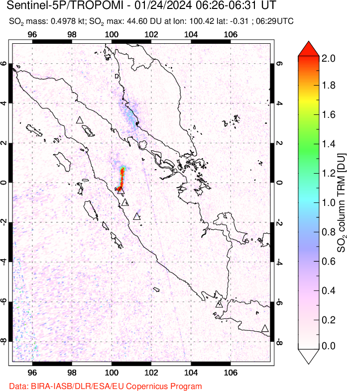 A sulfur dioxide image over Sumatra, Indonesia on Jan 24, 2024.