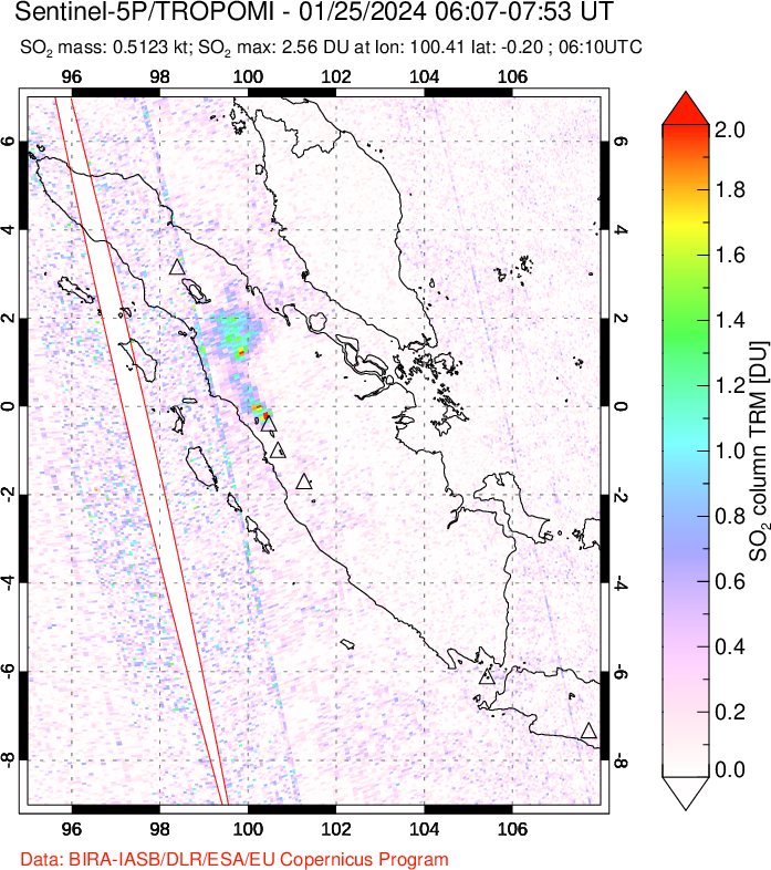 A sulfur dioxide image over Sumatra, Indonesia on Jan 25, 2024.