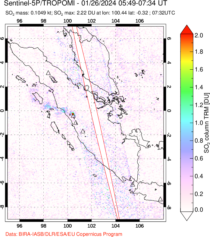 A sulfur dioxide image over Sumatra, Indonesia on Jan 26, 2024.