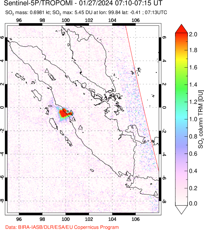 A sulfur dioxide image over Sumatra, Indonesia on Jan 27, 2024.