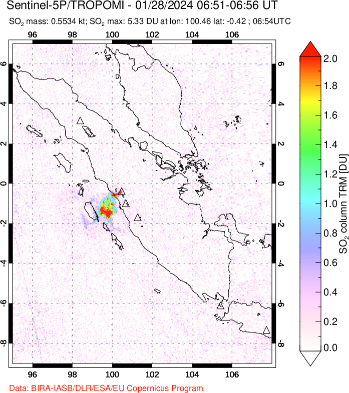 A sulfur dioxide image over Sumatra, Indonesia on Jan 28, 2024.