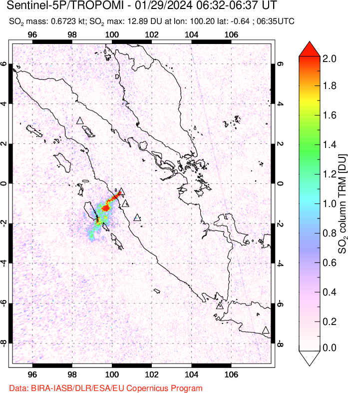 A sulfur dioxide image over Sumatra, Indonesia on Jan 29, 2024.