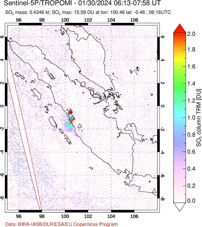 A sulfur dioxide image over Sumatra, Indonesia on Jan 30, 2024.