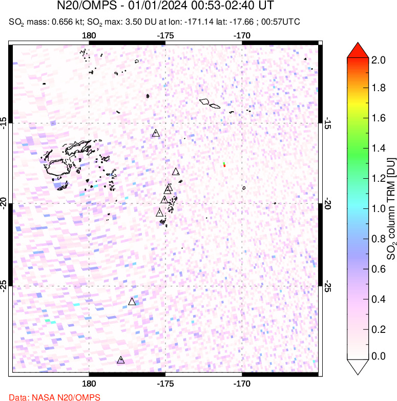 A sulfur dioxide image over Tonga, South Pacific on Jan 01, 2024.