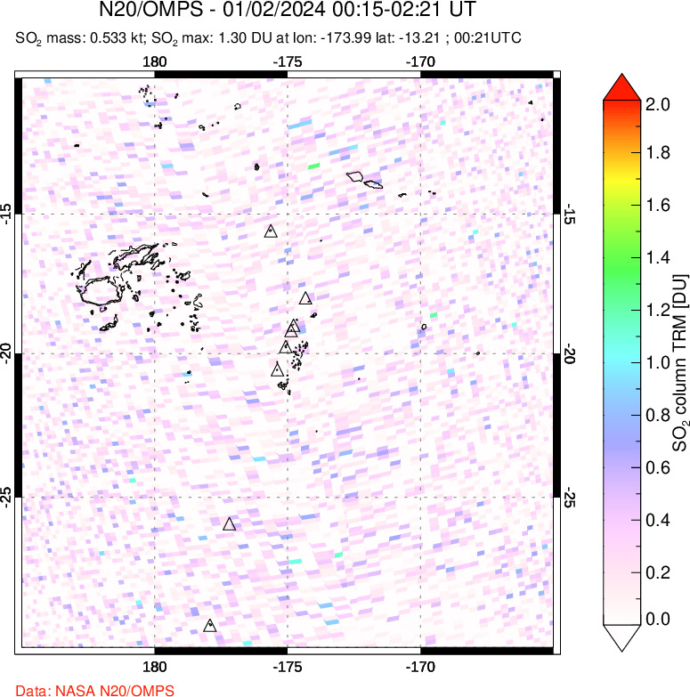 A sulfur dioxide image over Tonga, South Pacific on Jan 02, 2024.