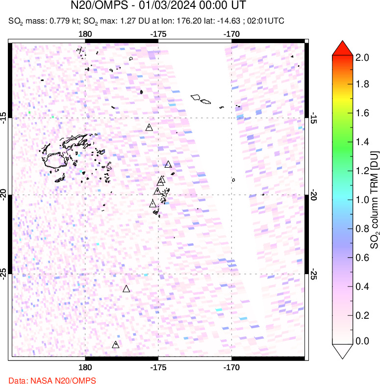 A sulfur dioxide image over Tonga, South Pacific on Jan 03, 2024.