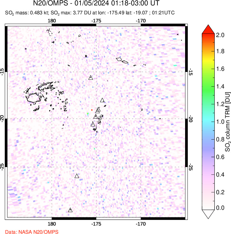 A sulfur dioxide image over Tonga, South Pacific on Jan 05, 2024.