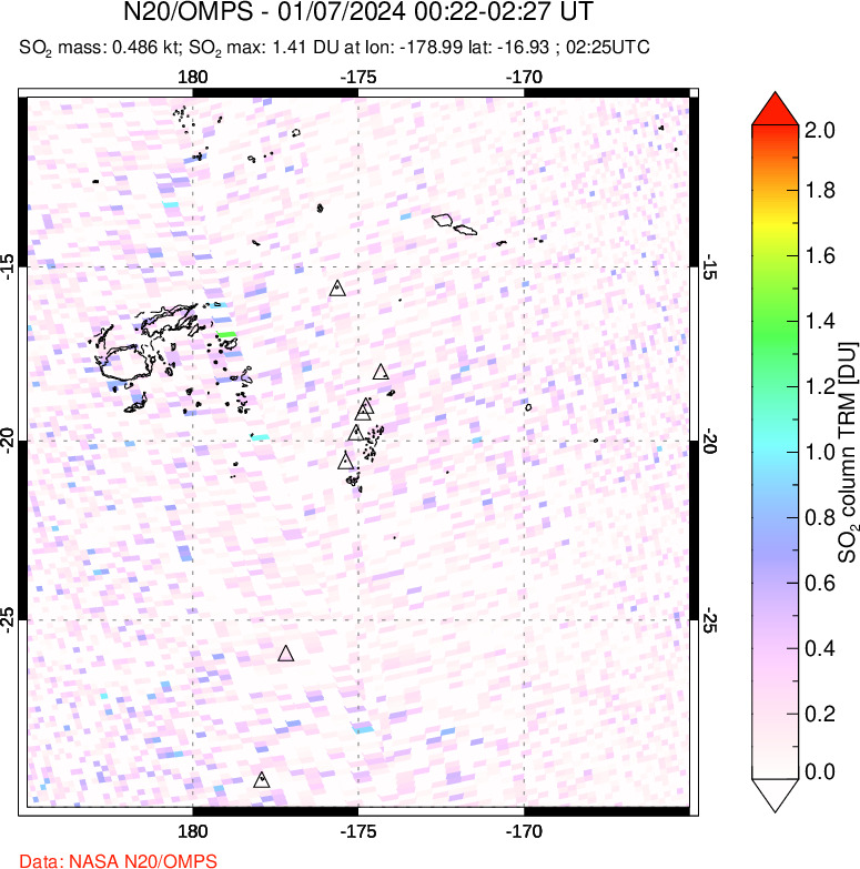 A sulfur dioxide image over Tonga, South Pacific on Jan 07, 2024.