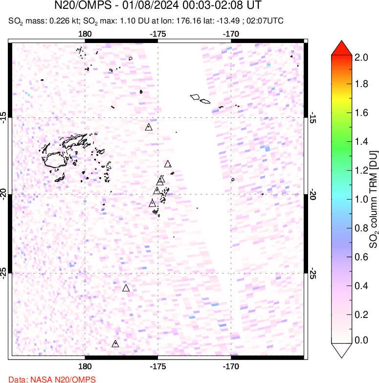 A sulfur dioxide image over Tonga, South Pacific on Jan 08, 2024.