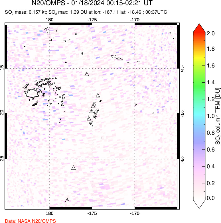 A sulfur dioxide image over Tonga, South Pacific on Jan 18, 2024.